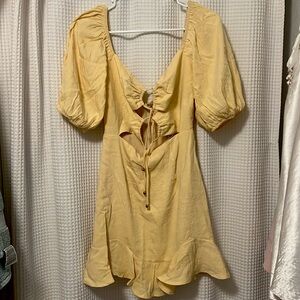 Yellow linen puffy sleeve open tied summer dress